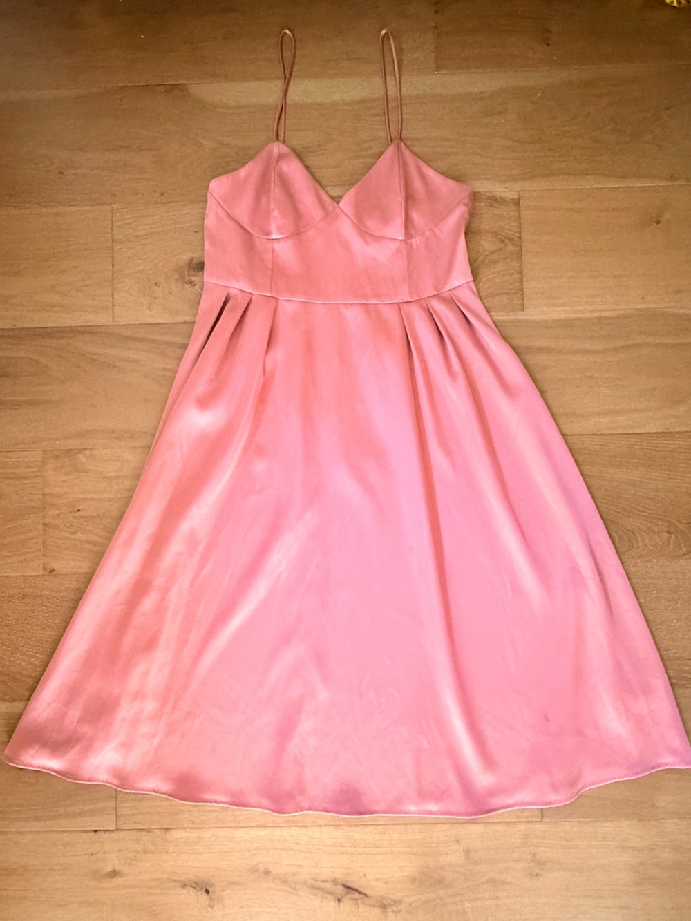 H&M Blush Pink Satin Sweetheart Pleated Midi Dress Bridesmaid Prom Women's 14